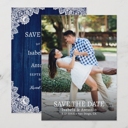 Save The Date Marine Bleu Rustique Bois Floral dentelle Mariage  (Devant / Derrière)