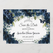 Save The Date Marine Bleue Floral XV Quinceañera Enregistrer la (Devant / Derrière)
