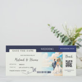 Save The Date Marine Blue Beach Nautical Boarding pass mariage (Debout devant)