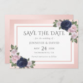 Save The Date Marine Blue Blush Rose Floral Mariage Enregistrer (Devant / Derrière)