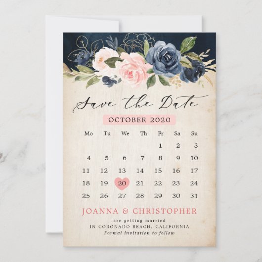 Save The Date Marine Blue Blush Rose Rose Russe Calendrier du pa (Devant)