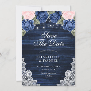 Save The Date Marine Blue Blush Wood Lace Floral Mariage Photo