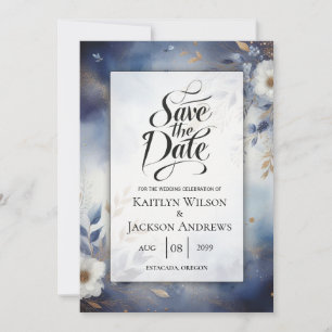 Save The Date Marine Blue et Gold Floral Wedding Enregistrer la