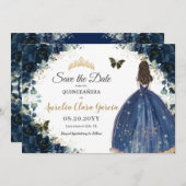 Save The Date Marine Blue Floral Robe Quinceañera Enregistrer la (Devant / Derrière)