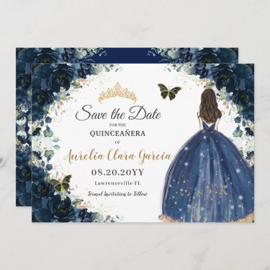 Save The Date Marine Blue Floral Robe Quinceañera Enregistrer la (Devant / Derrière)
