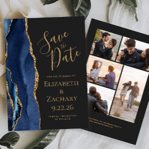 Save The Date Marine Blue Gold Agate 5-Photo Dark
