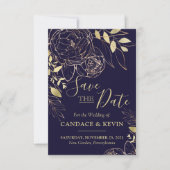 Save The Date Marine Blue & Gold Peony Moderne Floral Mariage (Devant)