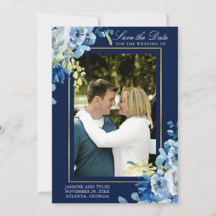 Save The Date Marine Blue Gold Photo Floral Elégant Soirée