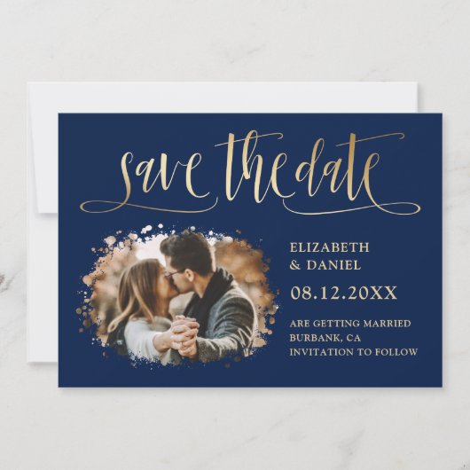 Save The Date Marine Blue Gold Script Mariage Photo Enregistrer (Devant)