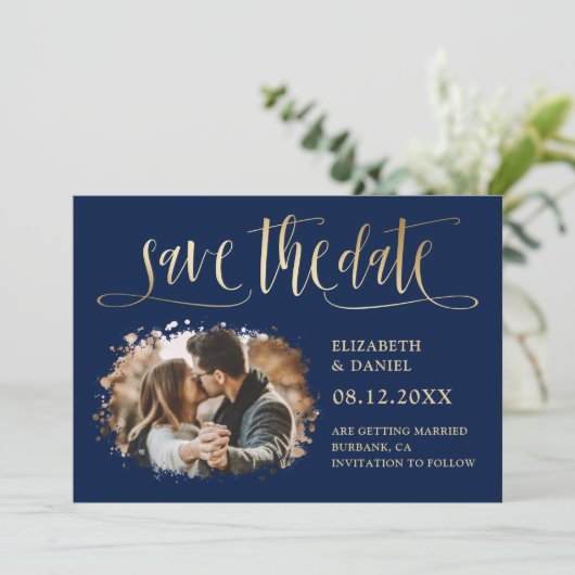 Save The Date Marine Blue Gold Script Mariage Photo Enregistrer  (Debout devant)
