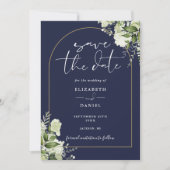 Save The Date Marine Blue Greenery Gold Arch Code QR Mariage (Devant)