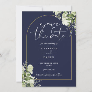 Save The Date Marine Blue Greenery Gold Arch Code QR Mariage