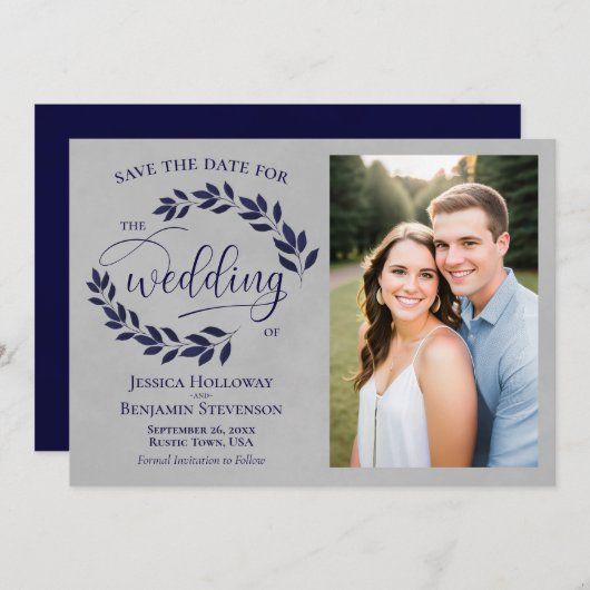 Save The Date Marine Blue Laurel Feuilles Rustic Grey Mariage Ph (Devant / Derrière)