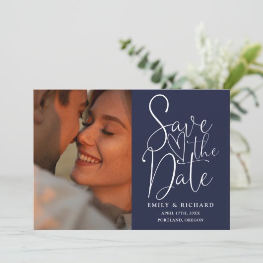 Save The Date Marine Blue Mariage 2 Photo QR Code Élégant Script (Debout devant)