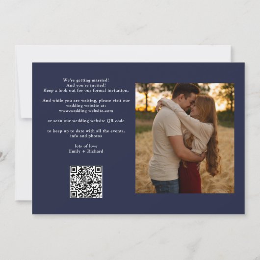 Save The Date Marine Blue Mariage 2 Photo QR Code Élégant Script (Dos)