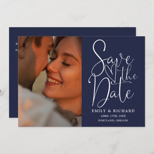 Save The Date Marine Blue Mariage 2 Photo QR Code Élégant Script (Devant / Derrière)