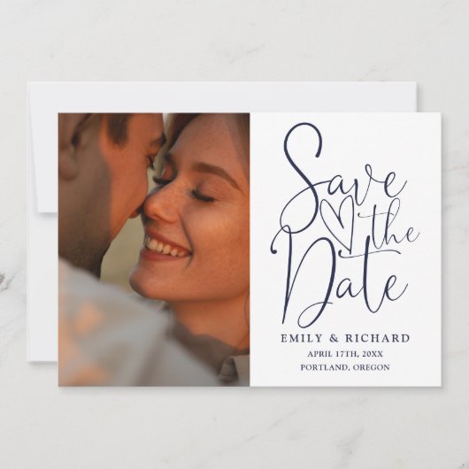 Save The Date Marine Blue Mariage 2 Photo QR Code Élégant Script (Devant)