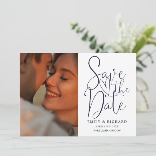 Save The Date Marine Blue Mariage 2 Photo QR Code Élégant Script (Debout devant)