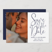 Save The Date Marine Blue Mariage 2 Photo QR Code Élégant Script (Devant / Derrière)