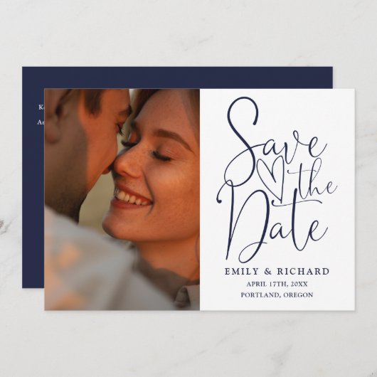 Save The Date Marine Blue Mariage 2 Photo QR Code Élégant Script (Devant / Derrière)