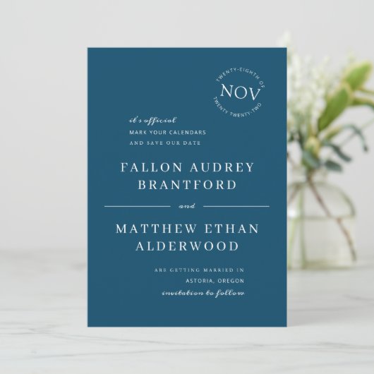 Save The Date Marine Blue Modern Date Seal Enregistrer la date (Debout devant)