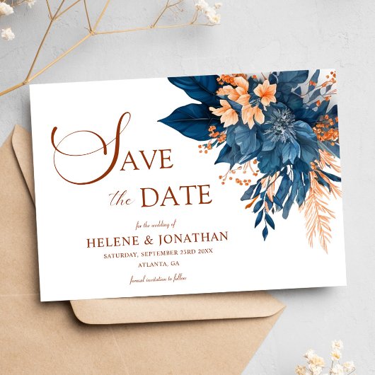 Save The Date Marine Blue Orange Floral Garden Mariage élégant