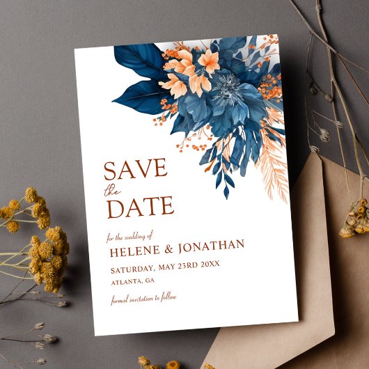 Save The Date Marine Blue Orange Floral Mariage élégant