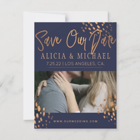 Save The Date Marine Blue PHOTO Faux Rose Gold Foil Typographie (Devant)