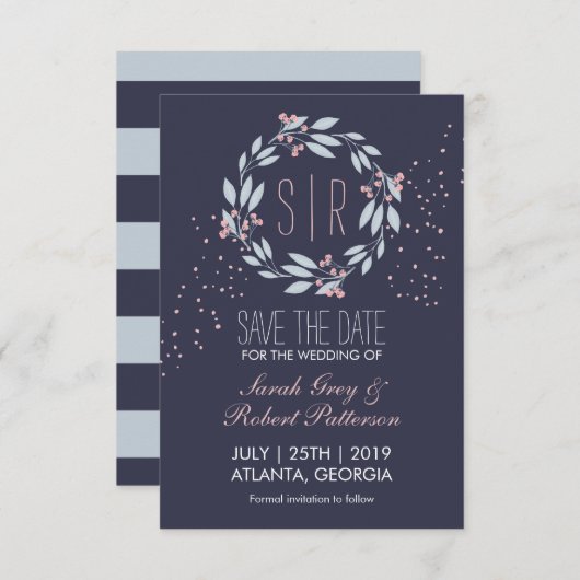 Save The Date Marine Blue Rose Fleur Wreath Mariage Enregistrer  (Devant / Derrière)
