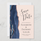 Save The Date Marine Blue Rose Gold Agate Blush Enregistrer la d (Devant)