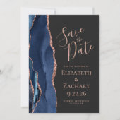 Save The Date Marine Blue Rose Gold Agate Dark Enregistrer la da (Devant)