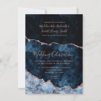 Marine Blue Rose Gold Foil Agate Mariage Invitatio