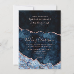 Save The Date Marine Blue Rose Gold Foil Agate Mariage Invitatio