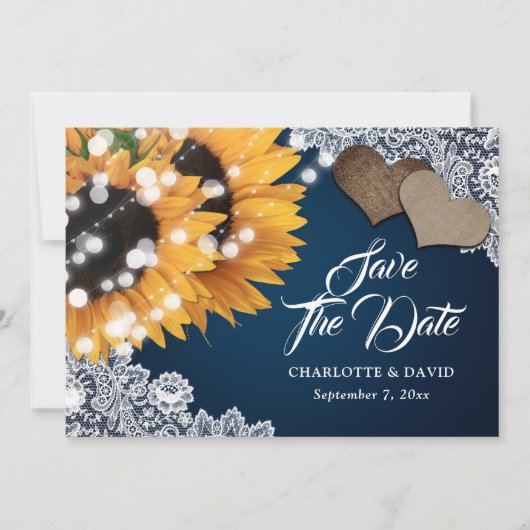 Save The Date Marine Blue Rustic Lace Hearts Mariage de tourneso (Devant)