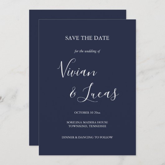 Save The Date Marine Blue Script Wedding Enregistrer la date (Devant / Derrière)