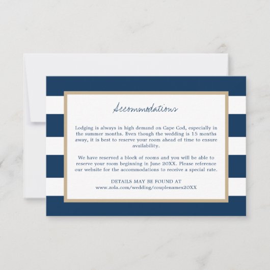 Save The Date Marine Blue Stripes Gold Trim Mariage Hébergements (Devant)