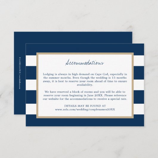Save The Date Marine Blue Stripes Gold Trim Mariage Hébergements (Devant / Derrière)