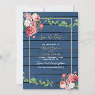 Save The Date Marine Blue Wood Vintage rose Roses et Mariage or