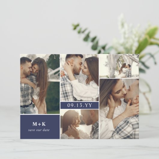 Save The Date Marine Clean Modern Initiales & Photos Enregistrer (Debout devant)