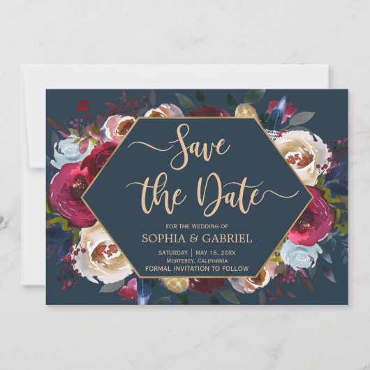 Save The Date Marine de Bourgogne Marsala Floral | Enregistrer l (Devant)