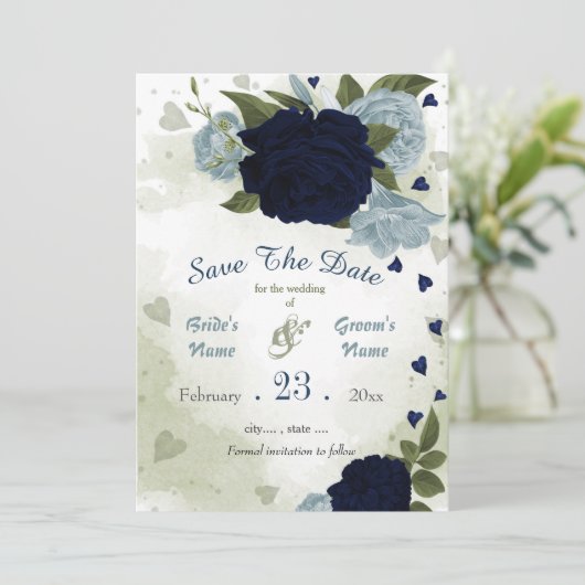 Save The Date marine et bleu poussiéreux fleurs vert feuille bot (Debout devant)
