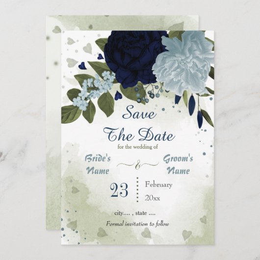 Save The Date marine et bleu poussiéreux fleurs vert feuille bot (Devant / Derrière)