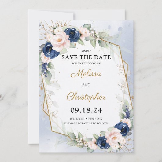 Save The Date Marine et Blush Floral Verdure et Gold Frame (Devant)
