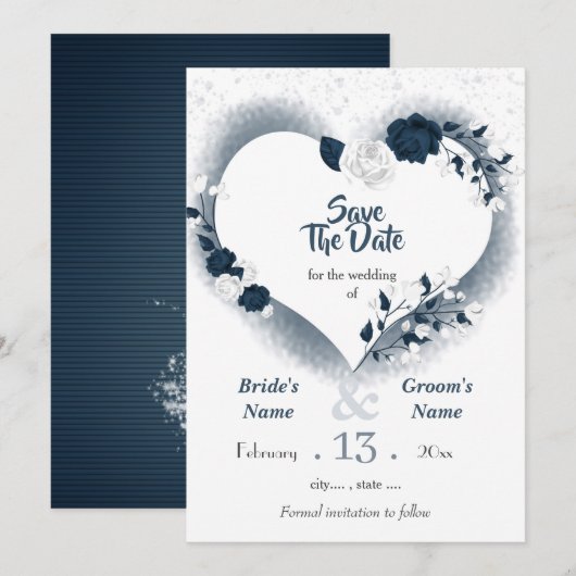 Save The Date Marine et coeur floral blanc (Devant / Derrière)