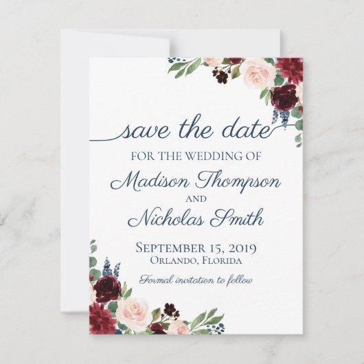 Save The Date Marine et Marsala Floral Mariage Enregistrer la ca (Devant)