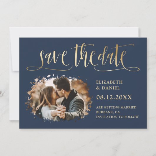 Save The Date Marine Gold Calligraphy Mariage 2 Splatter Photo (Devant)