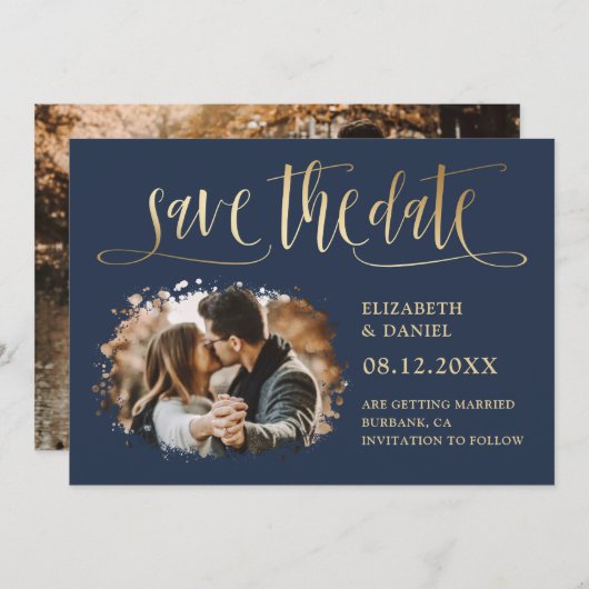 Save The Date Marine Gold Calligraphy Mariage 2 Splatter Photo (Devant / Derrière)
