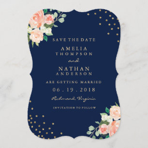 Save The Date Marine Gold Floral Confetti Mariage Enregistrer La