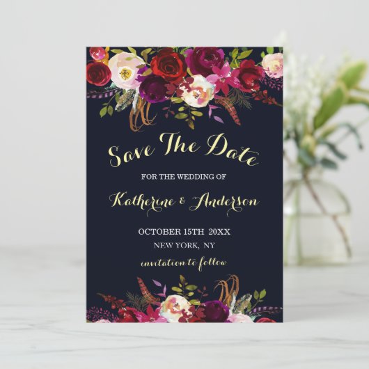 Save The Date Marine Marsala Boho Mariage floral Enregistrer la (Debout devant)