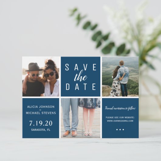 Save The Date Marine moderne bleu simple 3 photo collage mariage (Debout devant)